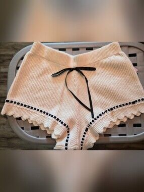 Cream Ribbed Knit Lounge Shorts with Black Trim